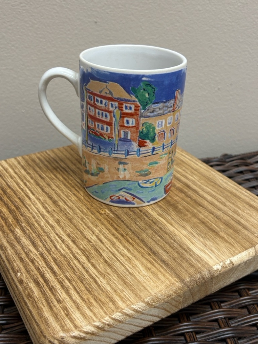 /Mount Clemens Pottery Artistic Scene of Seaside Houses Boats Coffee Mug